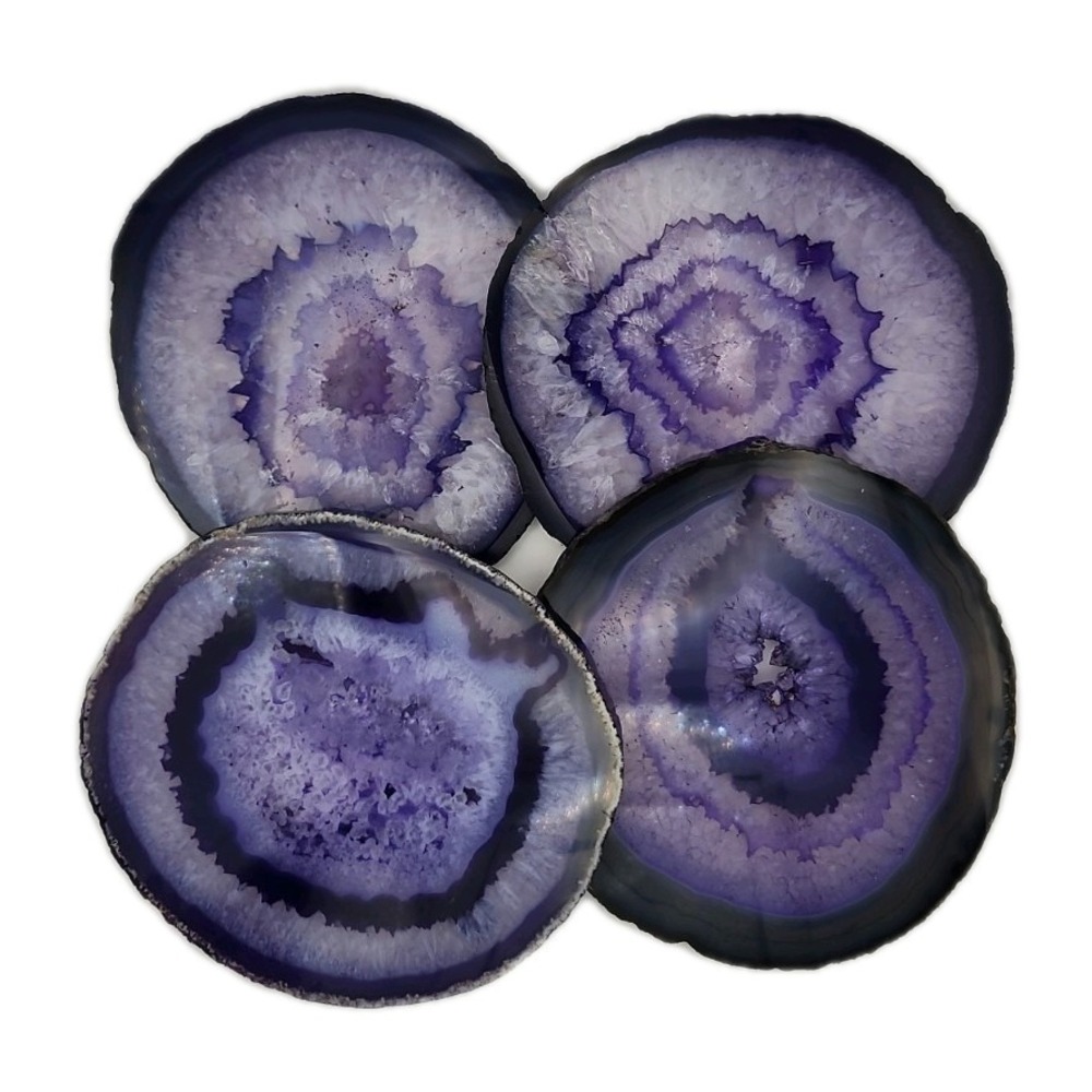 Set Of 4 Purple Agate Coasters natural Polished geode. Footed.